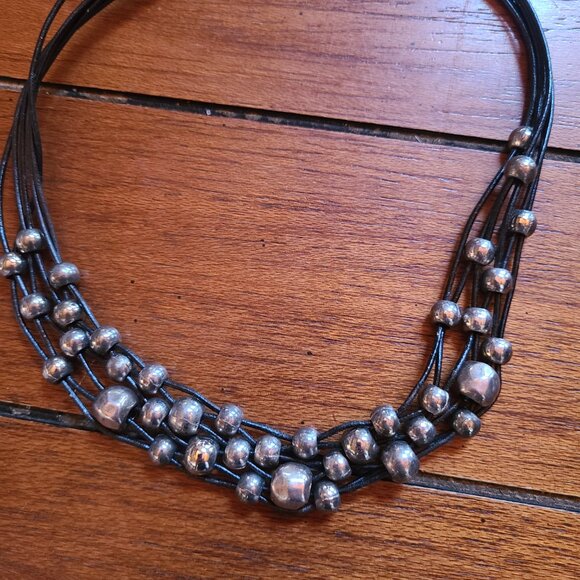 Trades By Haim Shahar 925 Silver Bead Bubbles Beaded-Leather Necklace Signed - Picture 4 of 4